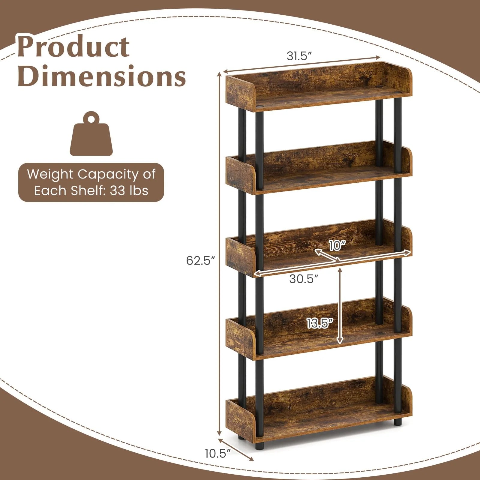 Tangkula 5-Tier Open Bookcase with Industrial Storage Unit - Product image 3