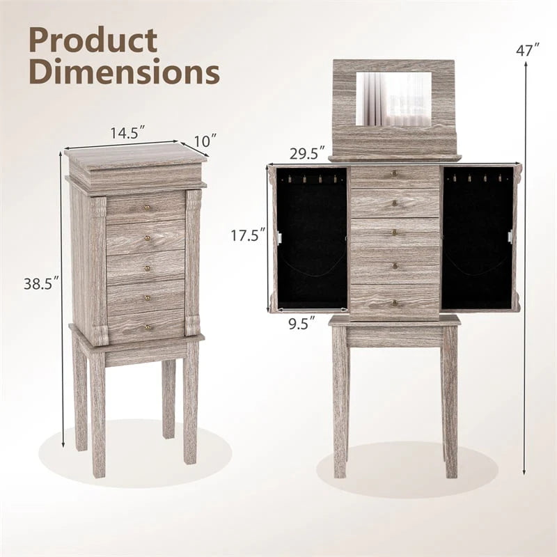 Standing Jewelry Armoire Cabinet with Flip Top Mirror, 5 Drawers & 2 Swing Doors - Product image 6