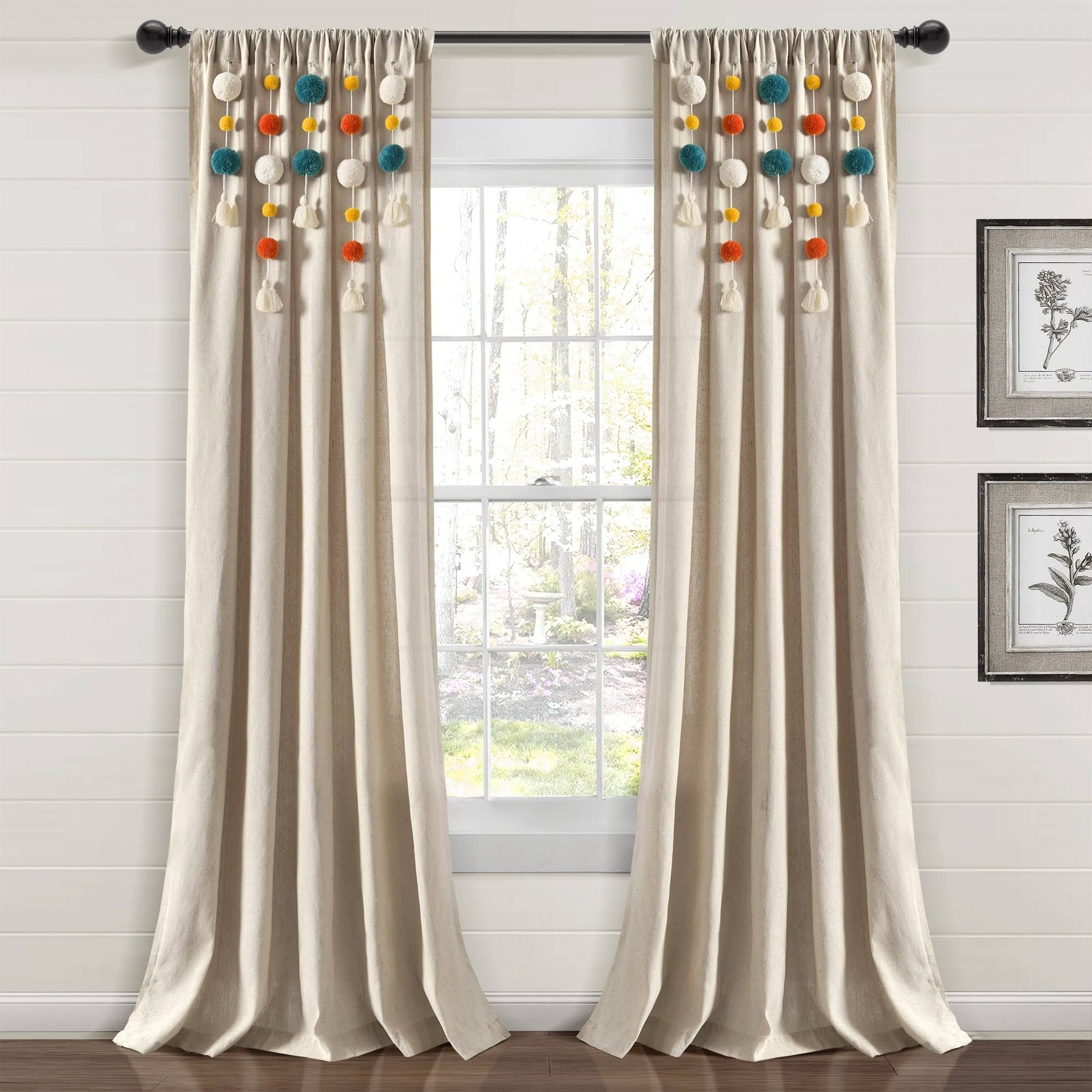 Lush Decor Boho Pom Tassel Linen Window Curtain Panel Turquoise/Orange Single 52x84 - Product image 1