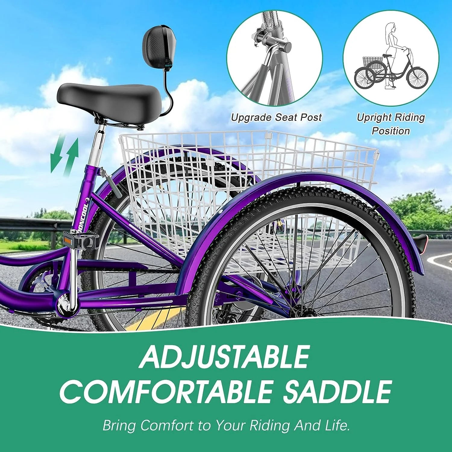 MOONCOOL Adult Tricycles with Rear Basket & Inflator, 24 26 in 7 Speed 3 Wheel Bikes, Three - Product image 107