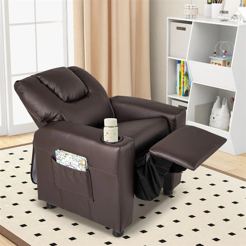 Kids Recliner Chair with Cup Holder & Side Pocket, Adjustable Toddler Lounge Sofa, Ergonomic Children Armchairs for Boys Girls Age 3+, 150lbs