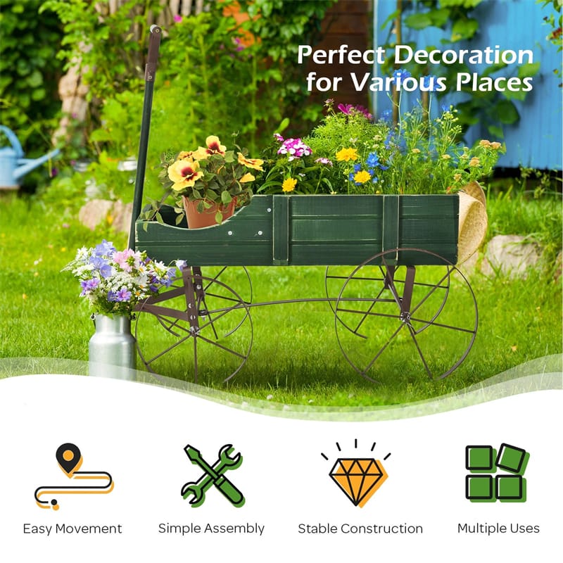 Rustic Wooden Wagon Planter, Decorative Garden Flower Cart with Metal Wheels & Adjustable Handle, Large Raised Bed Plant Stand for Patio Yard