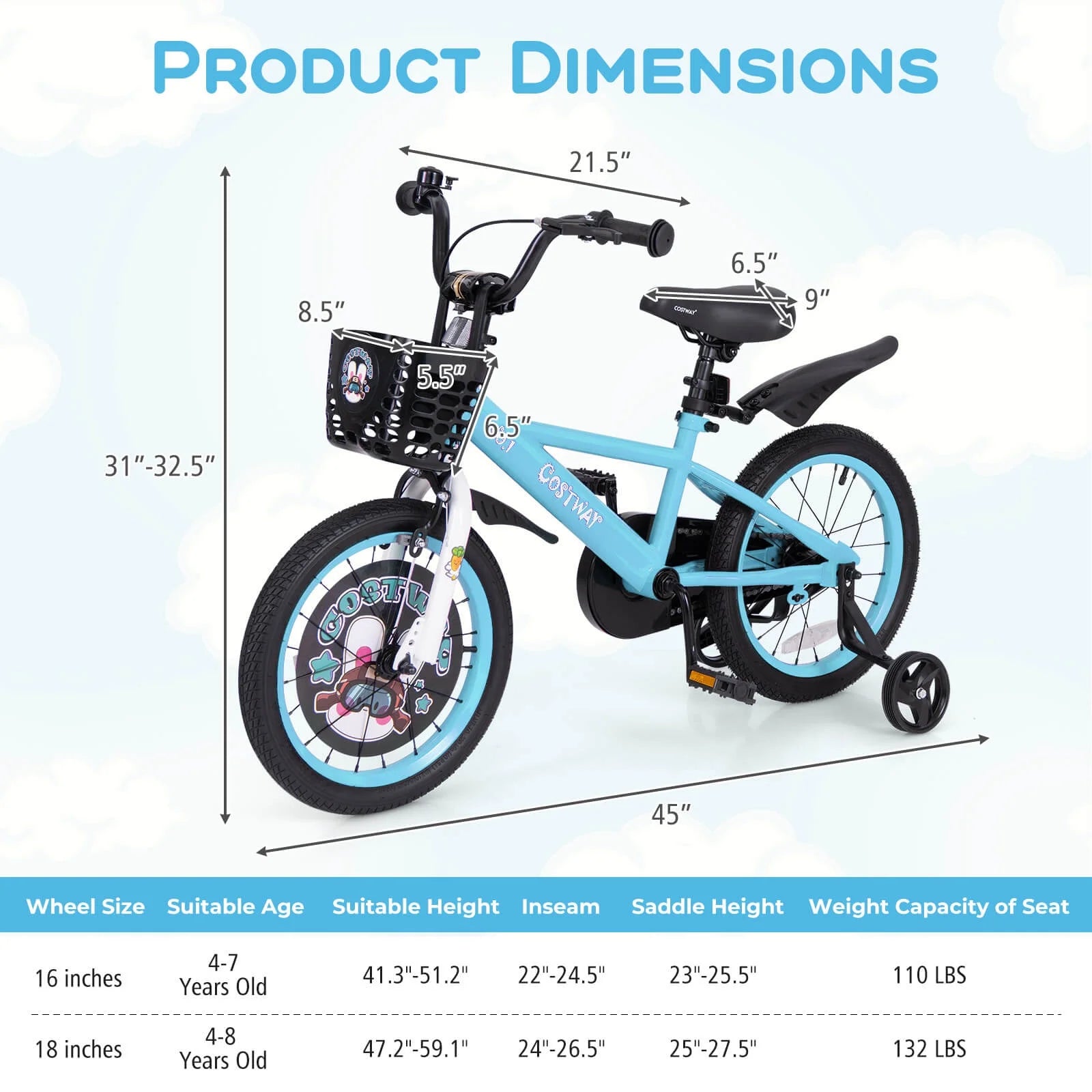 Costway 16" Kid'S Bike for 4 - 7 with Height - Adjustable Handlebar & Saddle Handbrake Blue - Product image 4