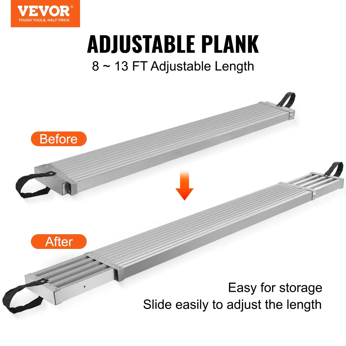 VEVOR Telescoping Aluminum Work Plank, 8 - 13 Feet 500 lb Capacity, 12.5 in Width Aluminum Scaffold Plank - Product image 2