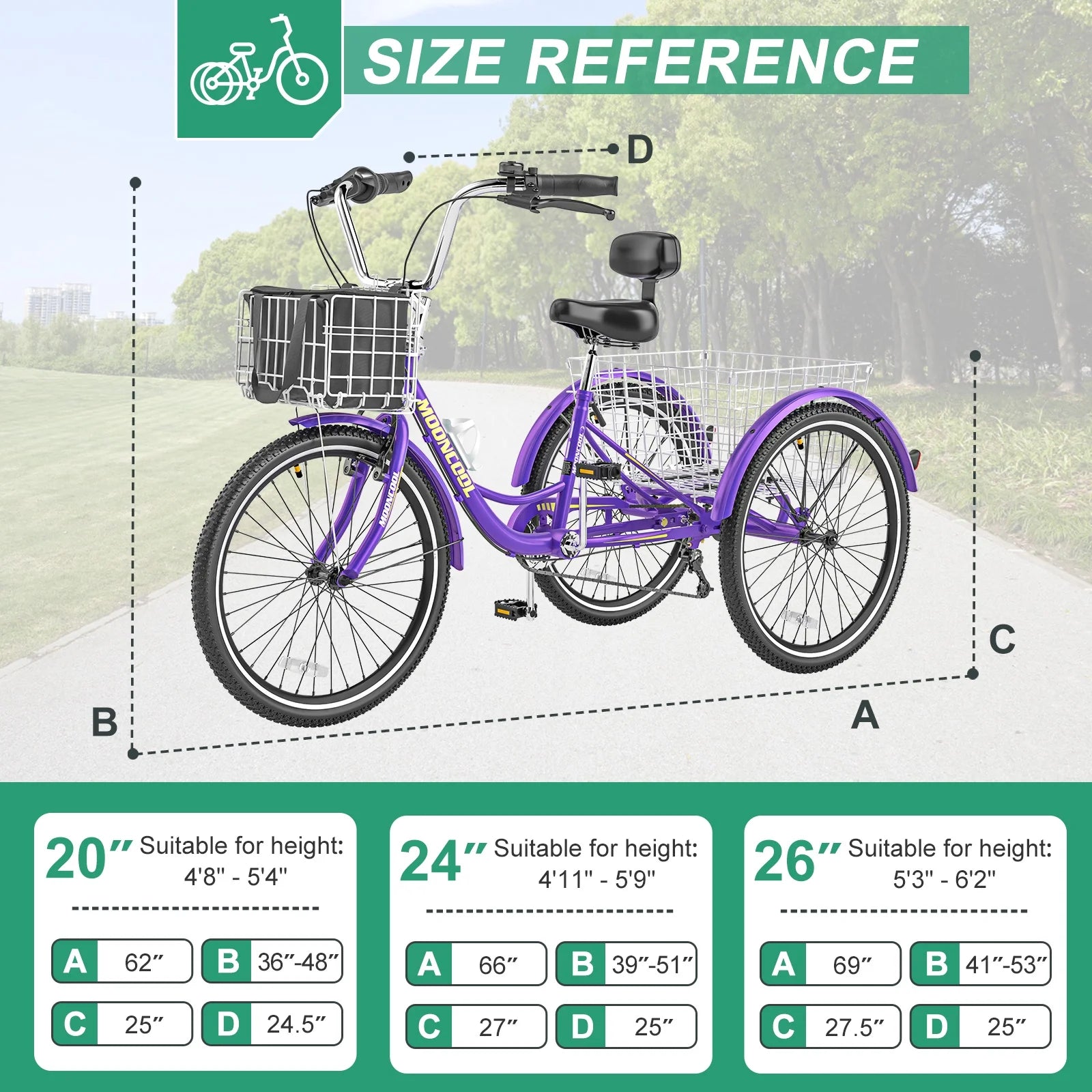 MOONCOOL Adult Tricycles with Rear Basket & Inflator, 24 26 in 7 Speed 3 Wheel Bikes, Three - Product image 123