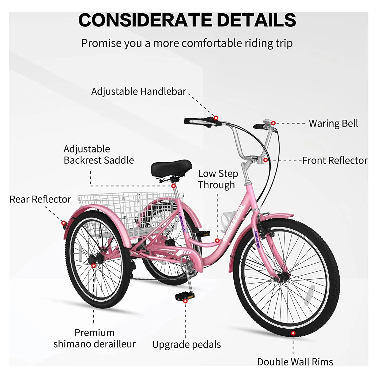 MOONCOOL Adult Tricycles with Rear Basket & Inflator, 24 26 in 7 Speed 3 Wheel Bikes, Three - Product image 116