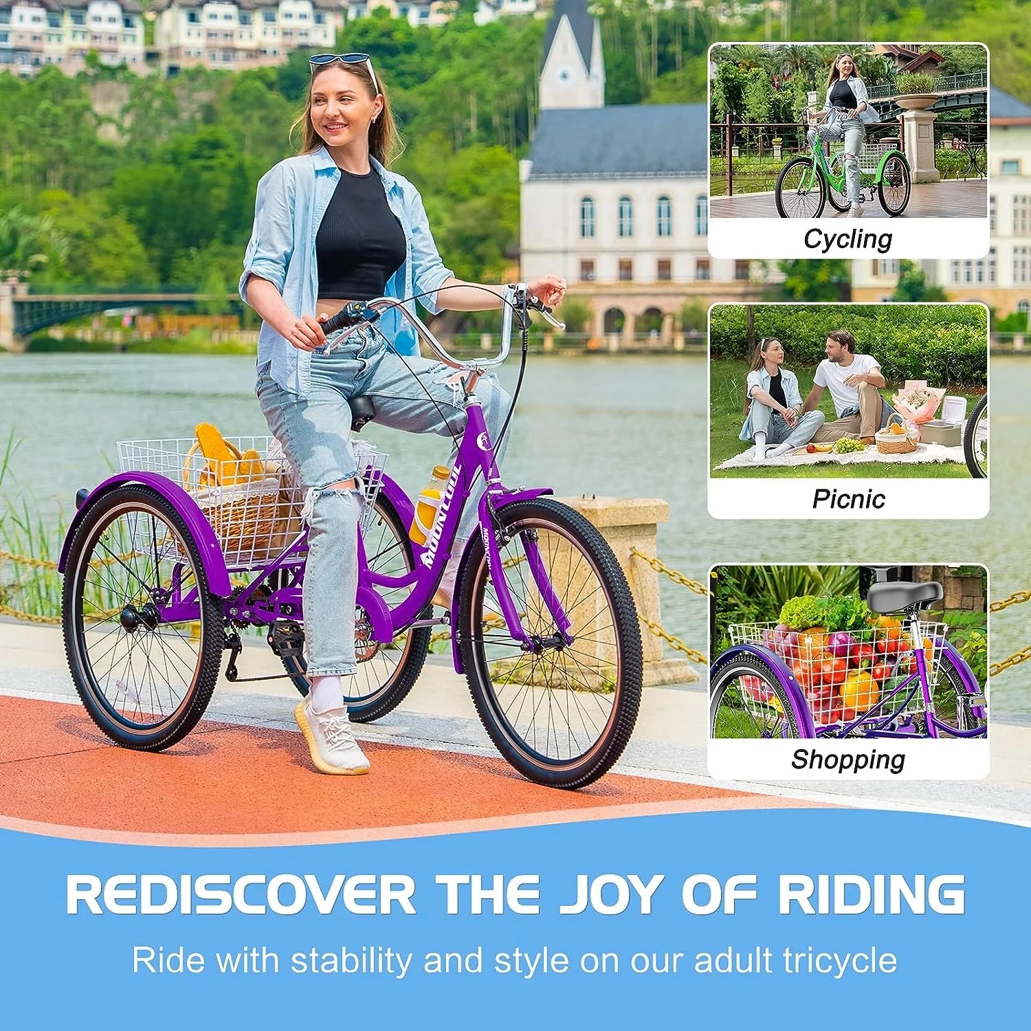 MOONCOOL Adult Tricycles with Rear Basket & Inflator, 24 26 in 7 Speed 3 Wheel Bikes, Three - Product image 110