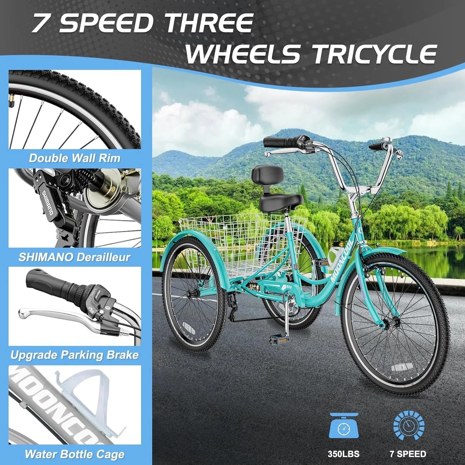 MOONCOOL Adult Tricycles with Rear Basket & Inflator, 24 26 in 7 Speed 3 Wheel Bikes, Three - Product image 56