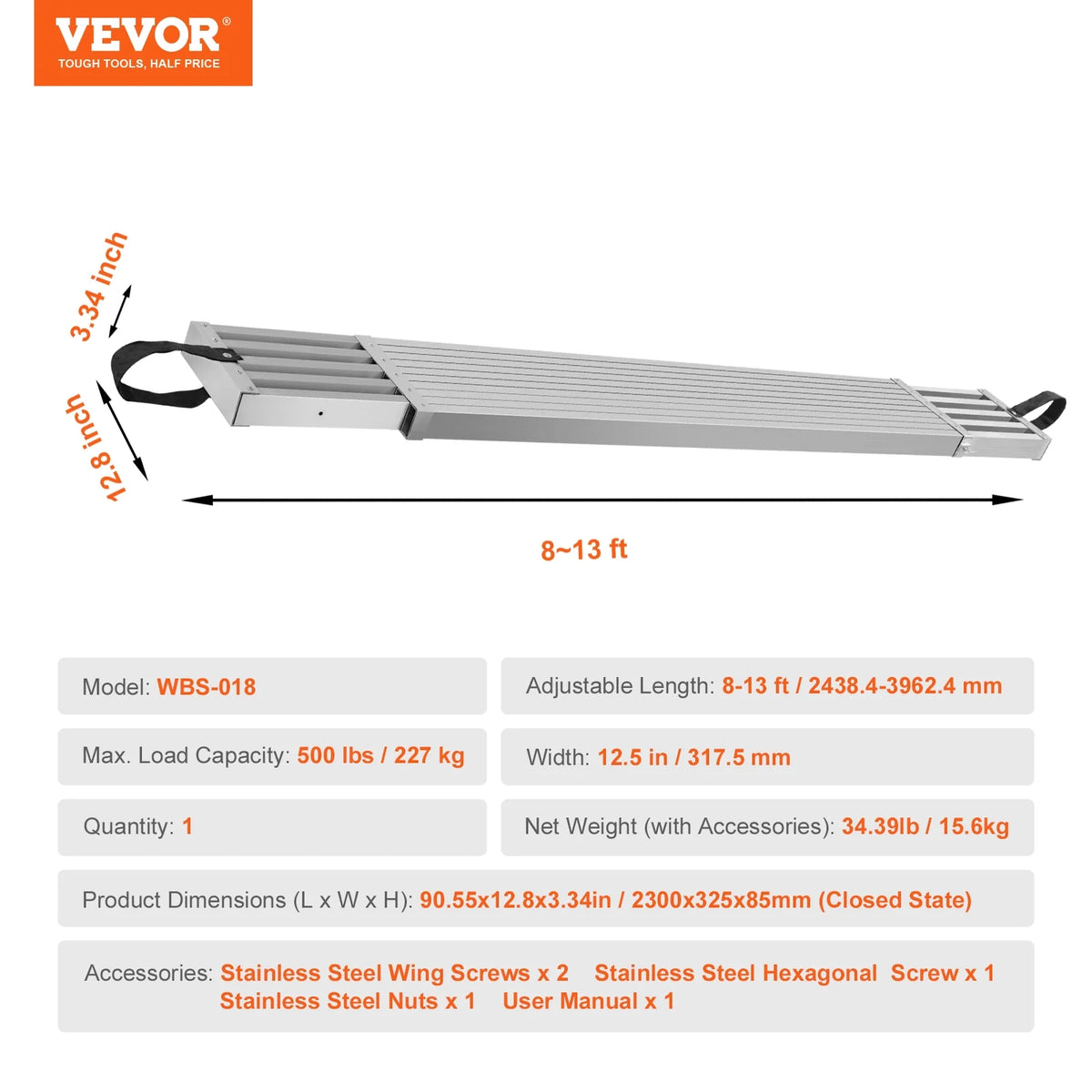 VEVOR Telescoping Aluminum Work Plank, 8 - 13 Feet 500 lb Capacity, 12.5 in Width Aluminum Scaffold Plank - Product image 7