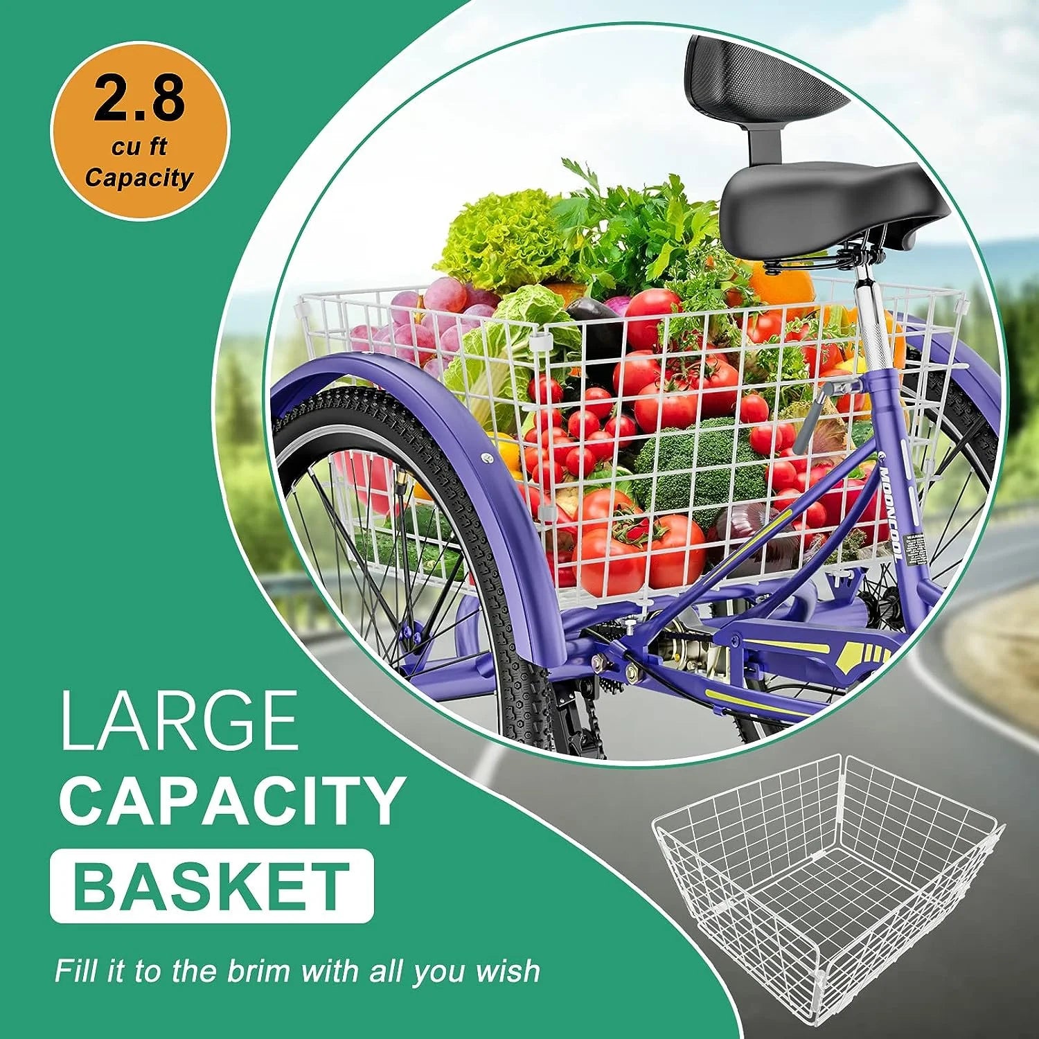 MOONCOOL Adult Tricycles with Rear Basket & Inflator, 24 26 in 7 Speed 3 Wheel Bikes, Three - Product image 156