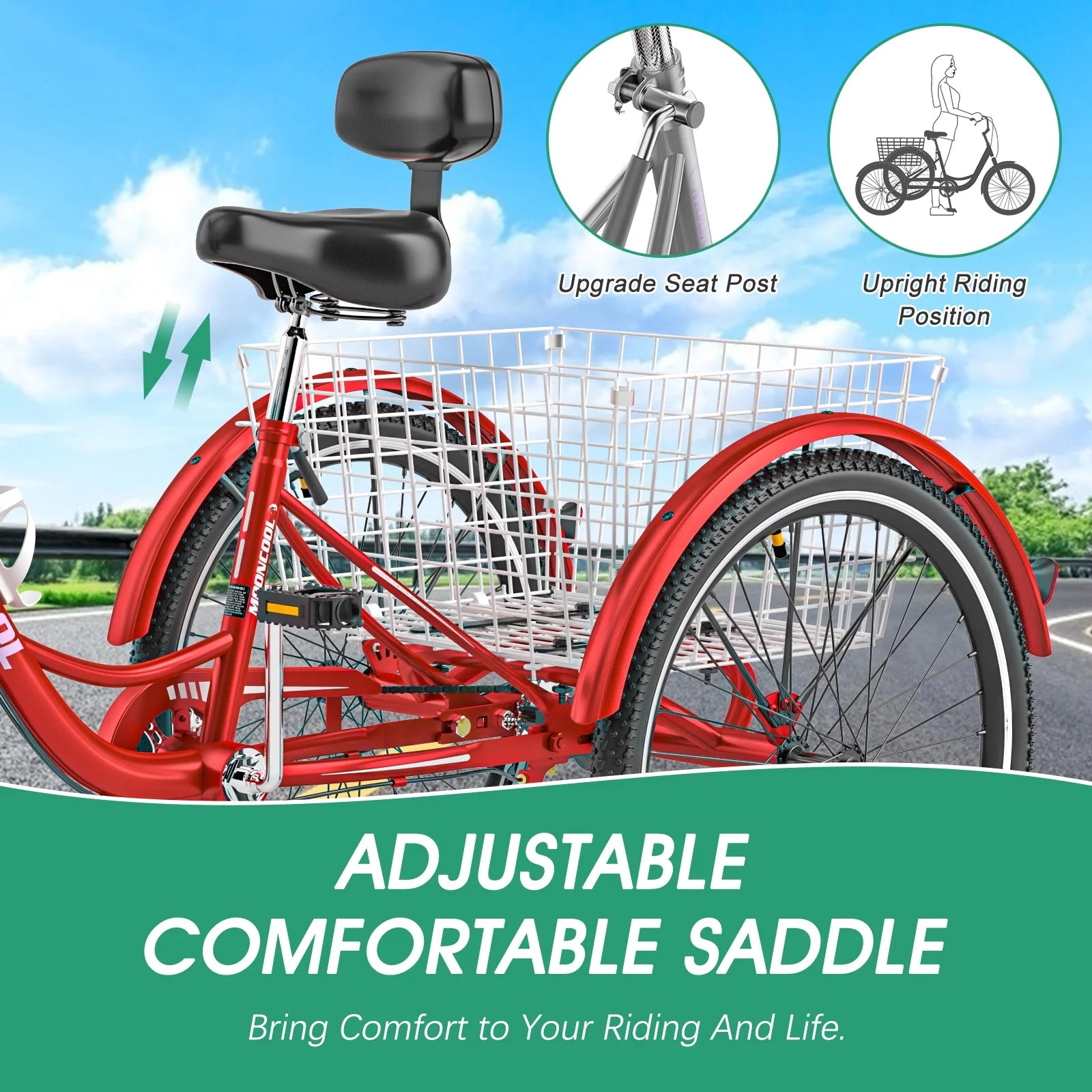 MOONCOOL Adult Tricycles with Rear Basket & Inflator, 24 26 in 7 Speed 3 Wheel Bikes, Three - Product image 163