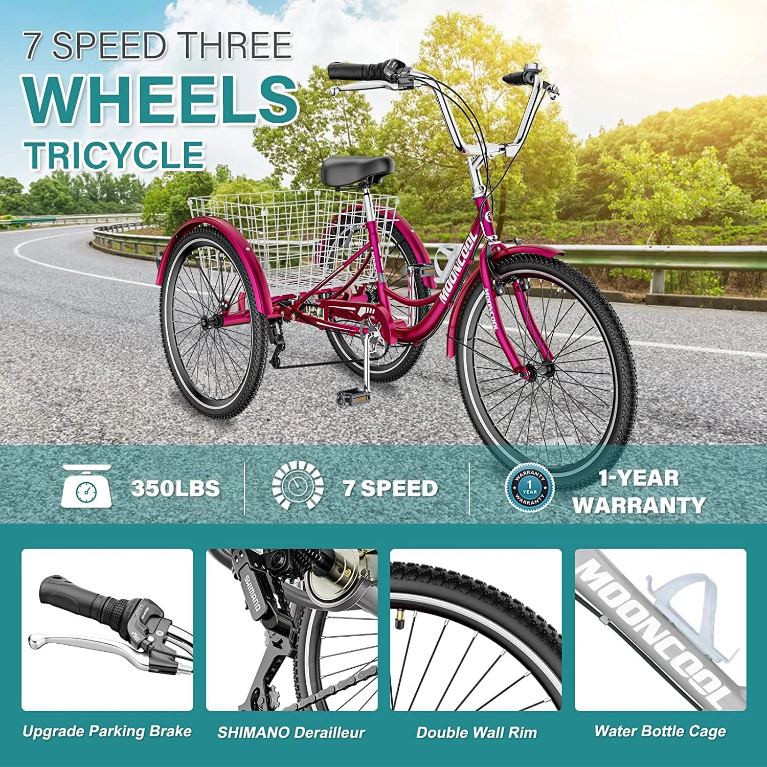 MOONCOOL Adult Tricycles with Rear Basket & Inflator, 24 26 in 7 Speed 3 Wheel Bikes, Three - Product image 64