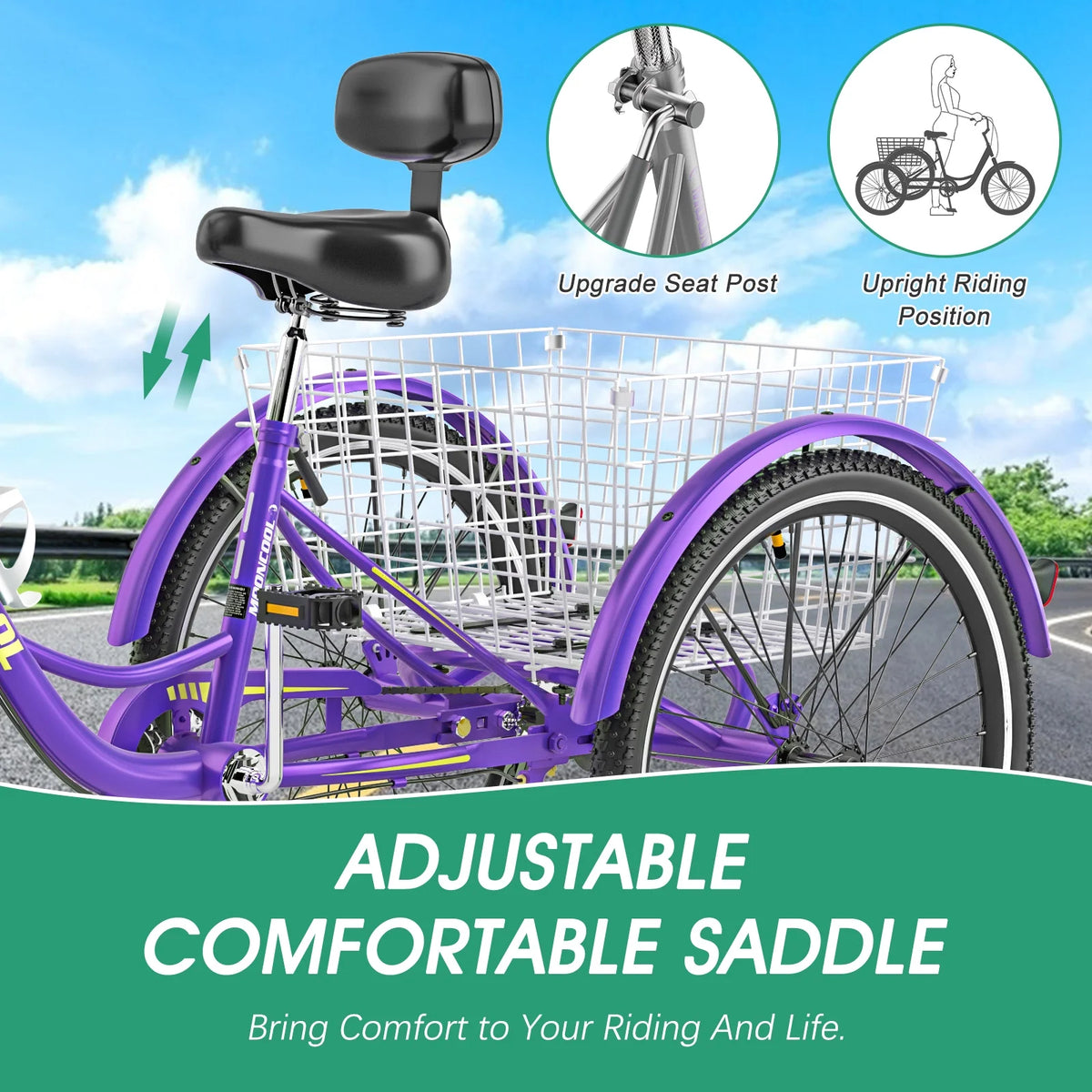 MOONCOOL Adult Tricycles with Rear Basket & Inflator, 24 26 in 7 Speed 3 Wheel Bikes, Three - Product image 122