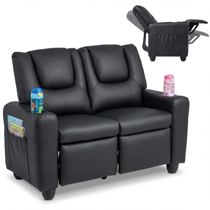 2-Seater Kids Recliner, PU Leather Reclining Loveseat with Cup Holders & 2 Side Storage Pockets - Product image 11