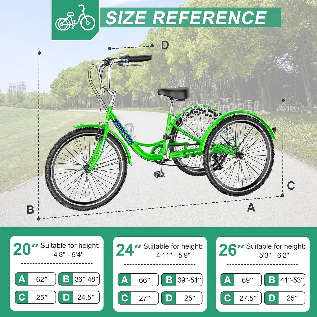 MOONCOOL Adult Tricycles with Rear Basket & Inflator, 24 26 in 7 Speed 3 Wheel Bikes, Three - Product image 42