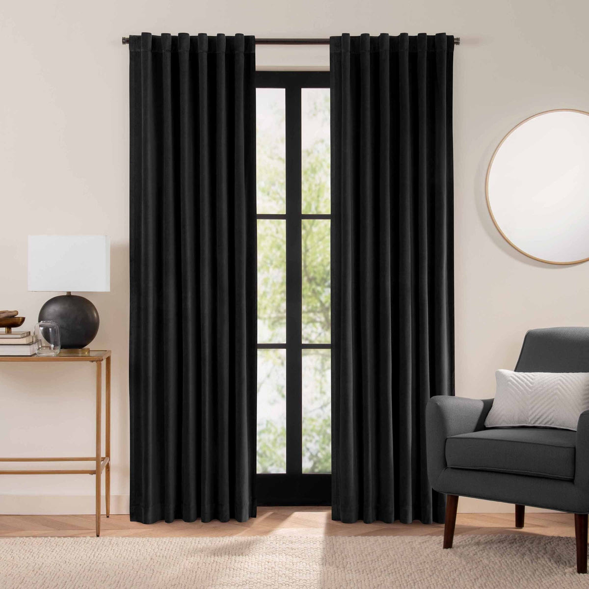 Eclipse Luxury Cotton Velvet 100% Blackout Rod Pocket Back Tab 84" x 50" Curtain Window Panel in Black - Product image 1