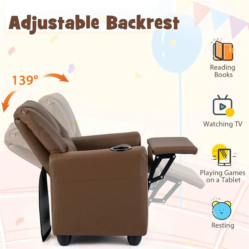 Kids Recliner Chair with Cup Holder & Side Pocket, Adjustable Toddler Lounge Sofa, Ergonomic Children Armchairs for Boys Girls Age 3+, 150lbs