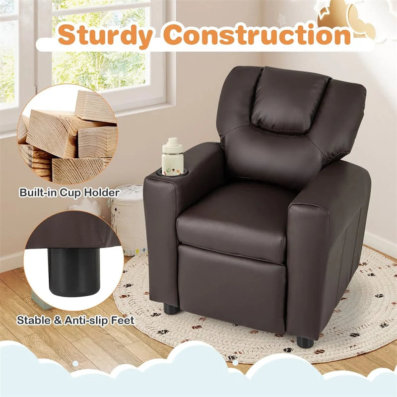 Kids Recliner Chair with Cup Holder & Side Pocket, Adjustable Toddler Lounge Sofa, Ergonomic Children Armchairs for Boys Girls Age 3+, 150lbs