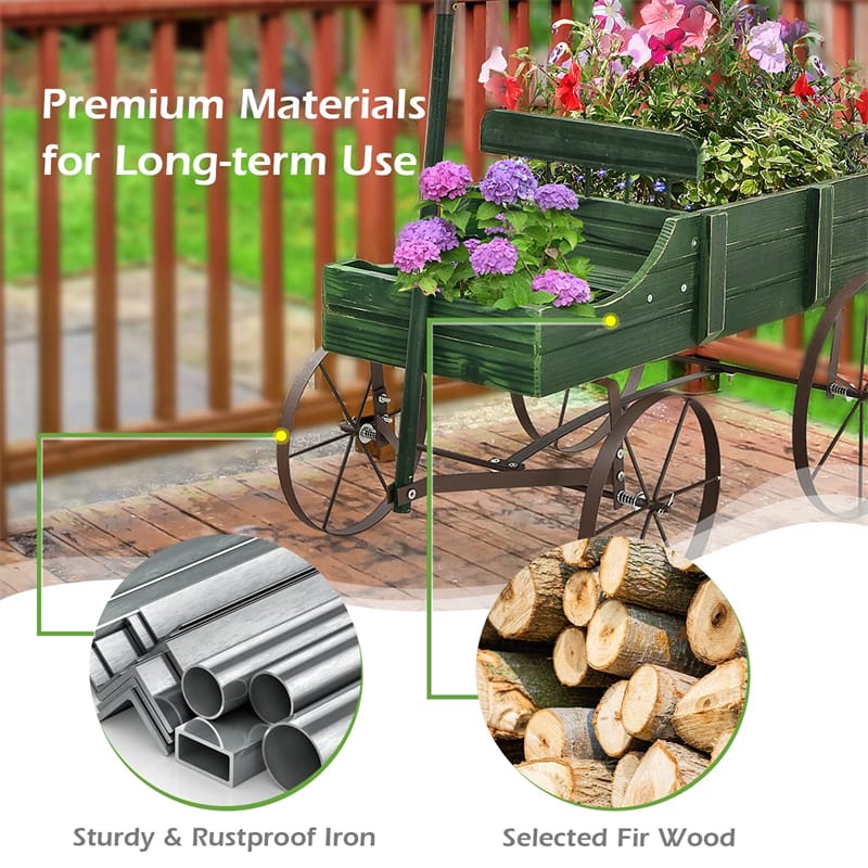 Rustic Wooden Wagon Planter, Decorative Garden Flower Cart with Metal Wheels & Adjustable Handle, Large Raised Bed Plant Stand for Patio Yard