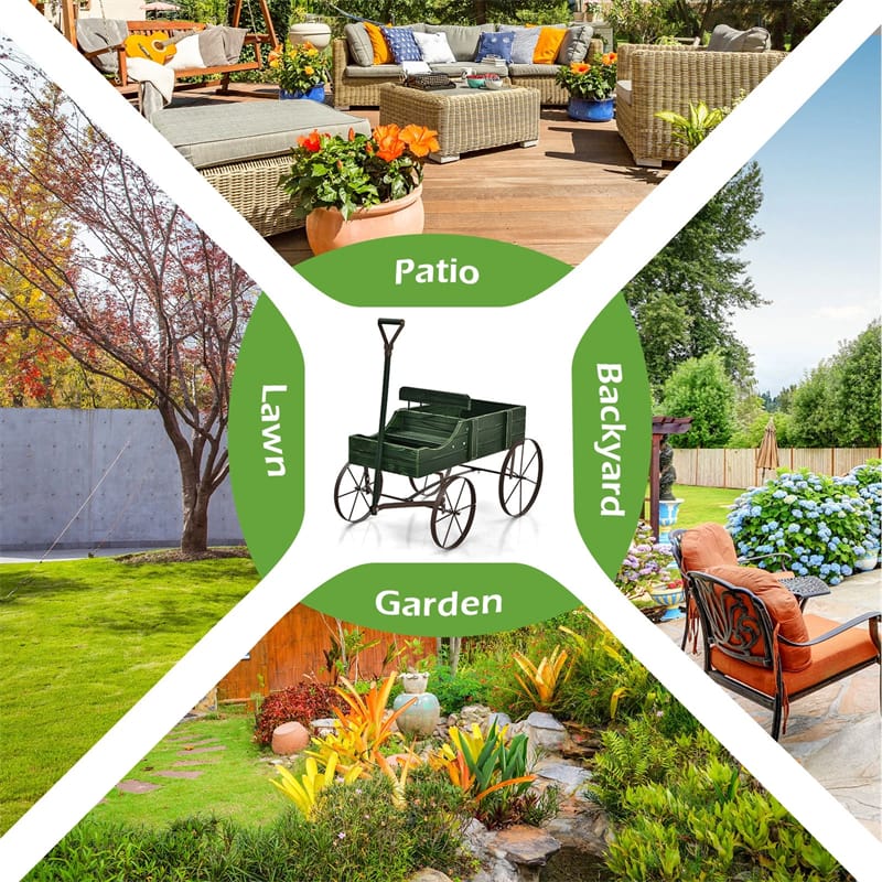 Rustic Wooden Wagon Planter, Decorative Garden Flower Cart with Metal Wheels & Adjustable Handle, Large Raised Bed Plant Stand for Patio Yard