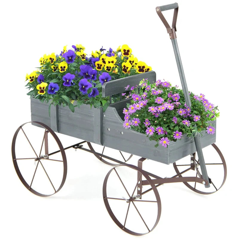 Rustic Wooden Wagon Planter, Decorative Garden Flower Cart with Metal Wheels & Adjustable Handle, Large Raised Bed Plant Stand for Patio Yard