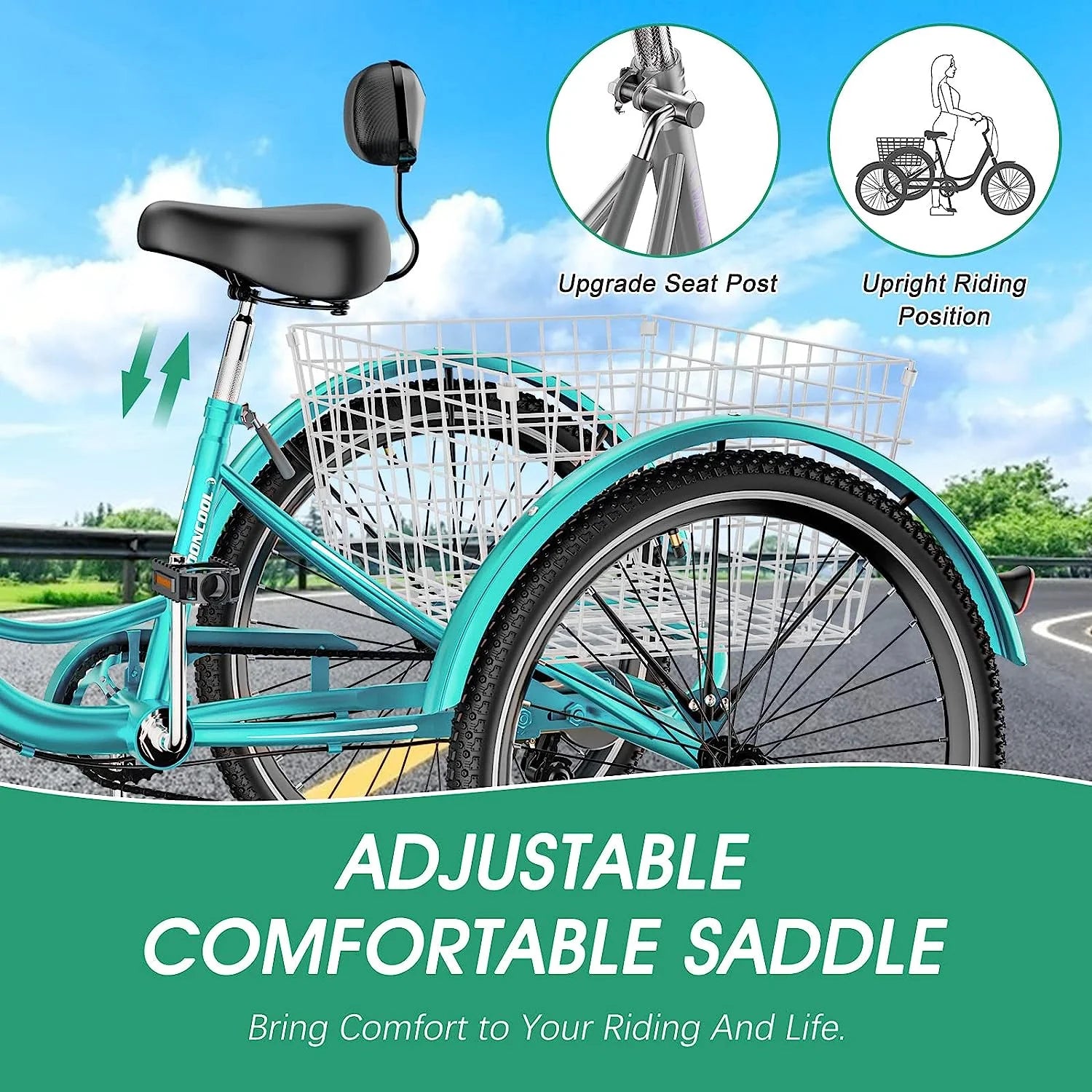 MOONCOOL Adult Tricycles with Rear Basket & Inflator, 24 26 in 7 Speed 3 Wheel Bikes, Three - Product image 149