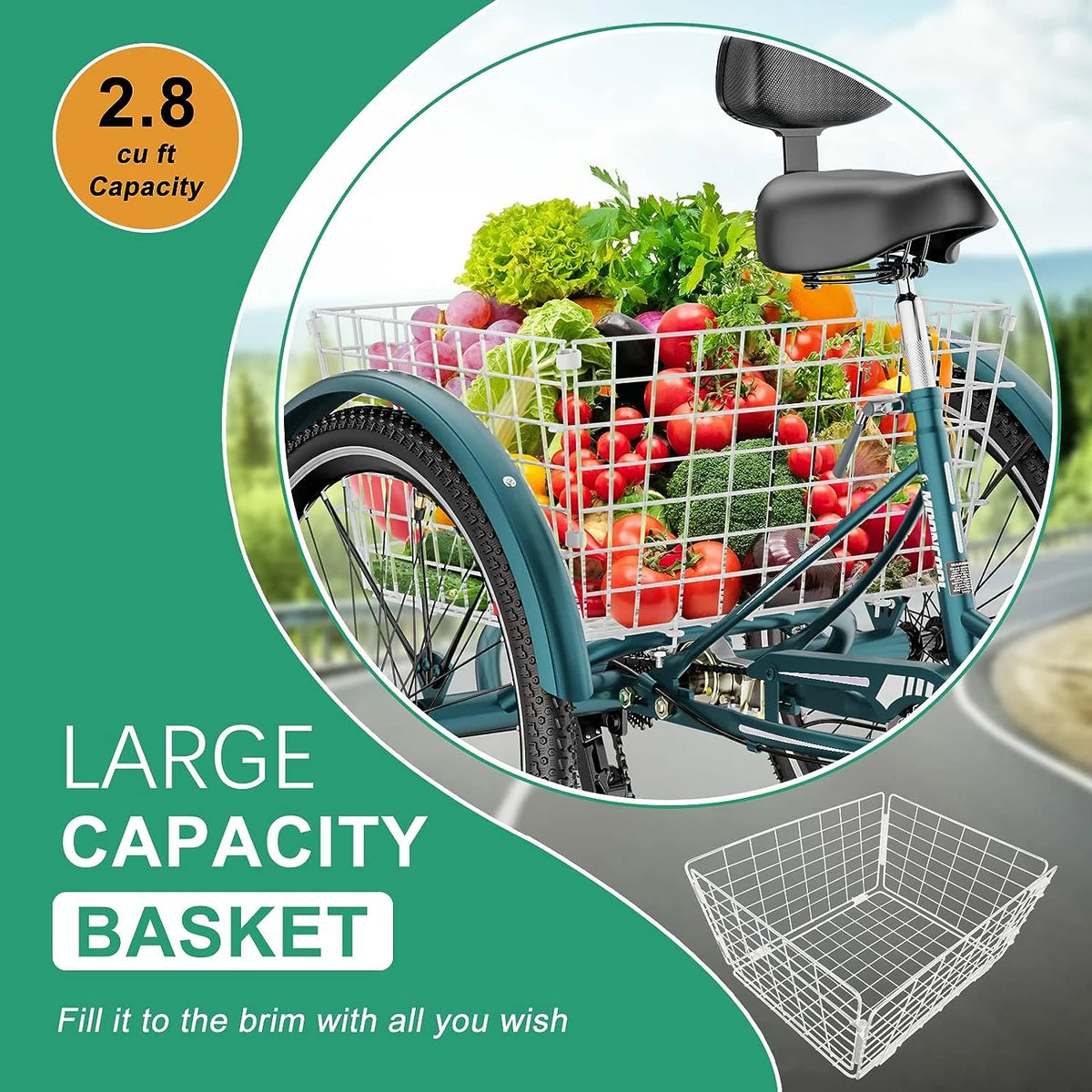 MOONCOOL Adult Tricycles with Rear Basket & Inflator, 24 26 in 7 Speed 3 Wheel Bikes, Three - Product image 93