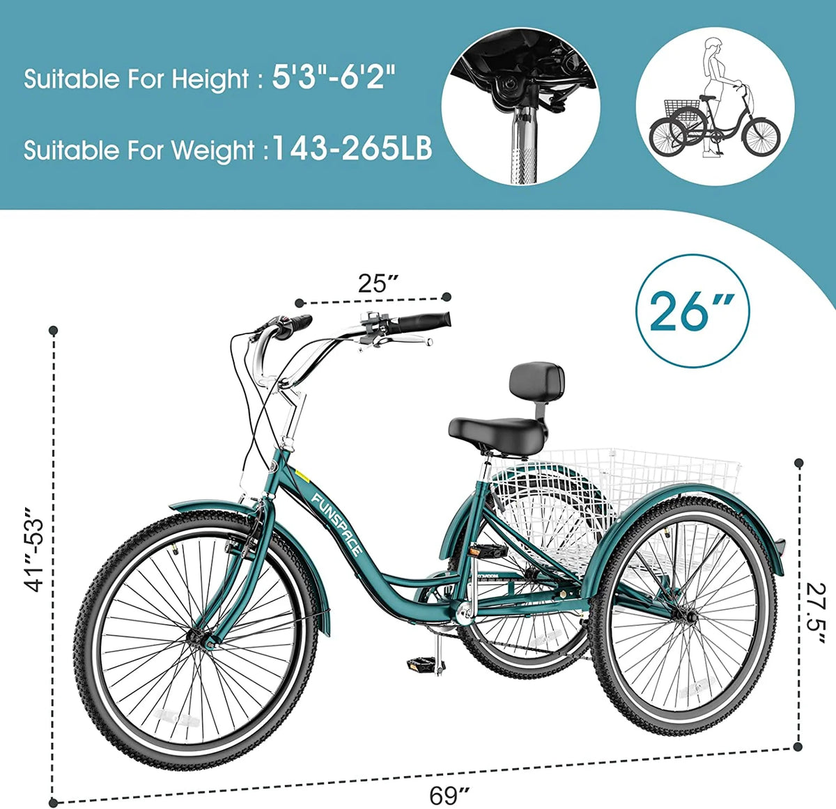 MOONCOOL Adult Tricycles with Rear Basket & Inflator, 24 26 in 7 Speed 3 Wheel Bikes, Three - Product image 100