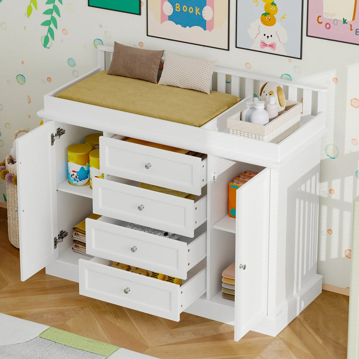 OXYLIFE 45" Baby Nursery Changing Table Dresser with 4 Drawers and Shelf for Nursery Room, White - Product image 47