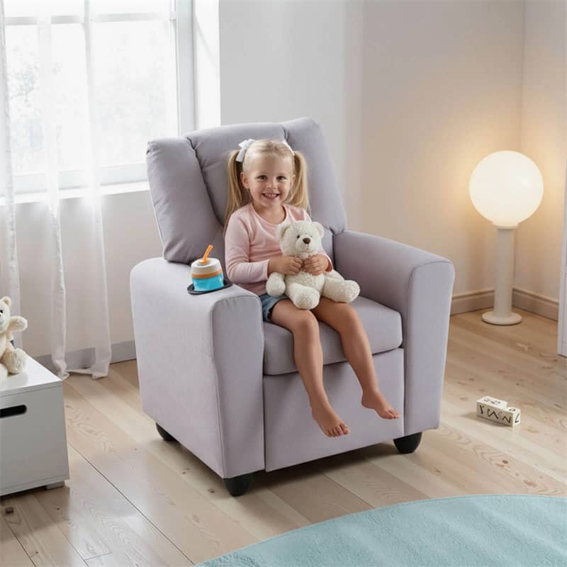 Kids Recliner Chair with Cup Holder & Side Pocket, Adjustable Toddler Lounge Sofa, Ergonomic Children Armchairs for Boys Girls Age 3+, 150lbs