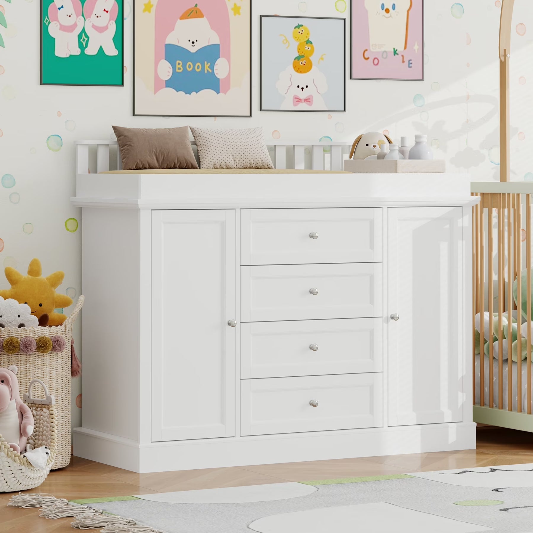 OXYLIFE 45" Baby Nursery Changing Table Dresser with 4 Drawers and Shelf for Nursery Room, White - Product image 9