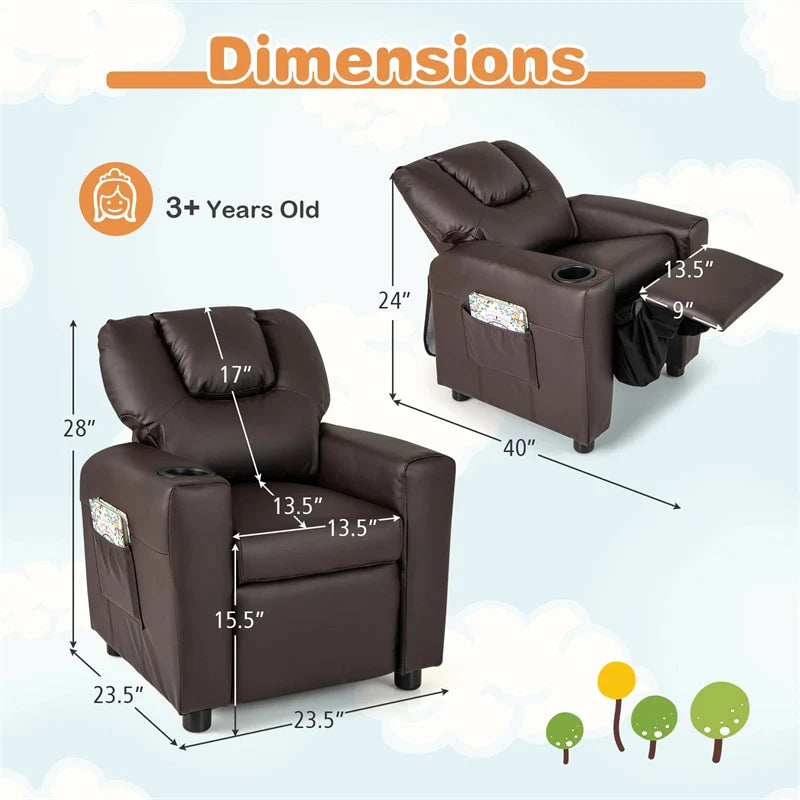 Kids Recliner Chair with Cup Holder & Side Pocket, Adjustable Toddler Lounge Sofa, Ergonomic Children Armchairs for Boys Girls Age 3+, 150lbs