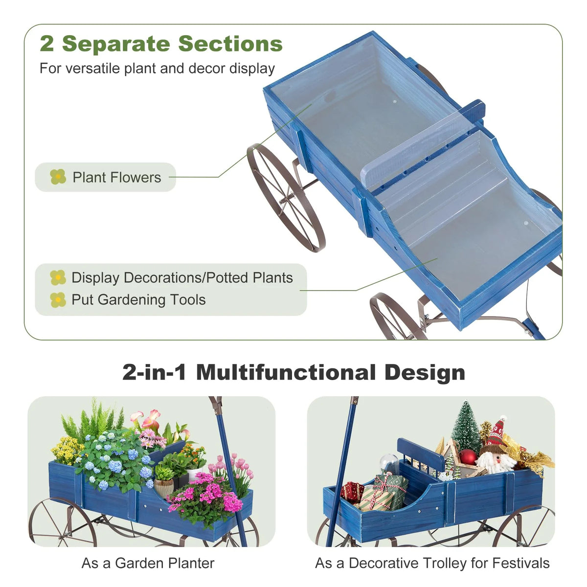Rustic Wooden Wagon Planter, Decorative Garden Flower Cart with Metal Wheels & Adjustable Handle, Large Raised Bed Plant Stand for Patio Yard