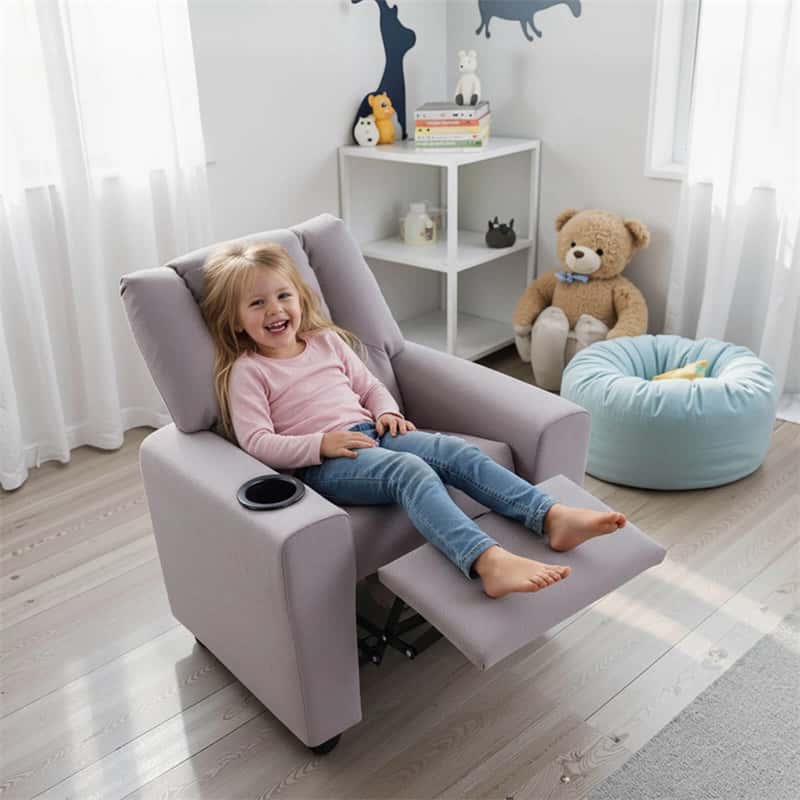 Kids Recliner Chair with Cup Holder & Side Pocket, Adjustable Toddler Lounge Sofa, Ergonomic Children Armchairs for Boys Girls Age 3+, 150lbs