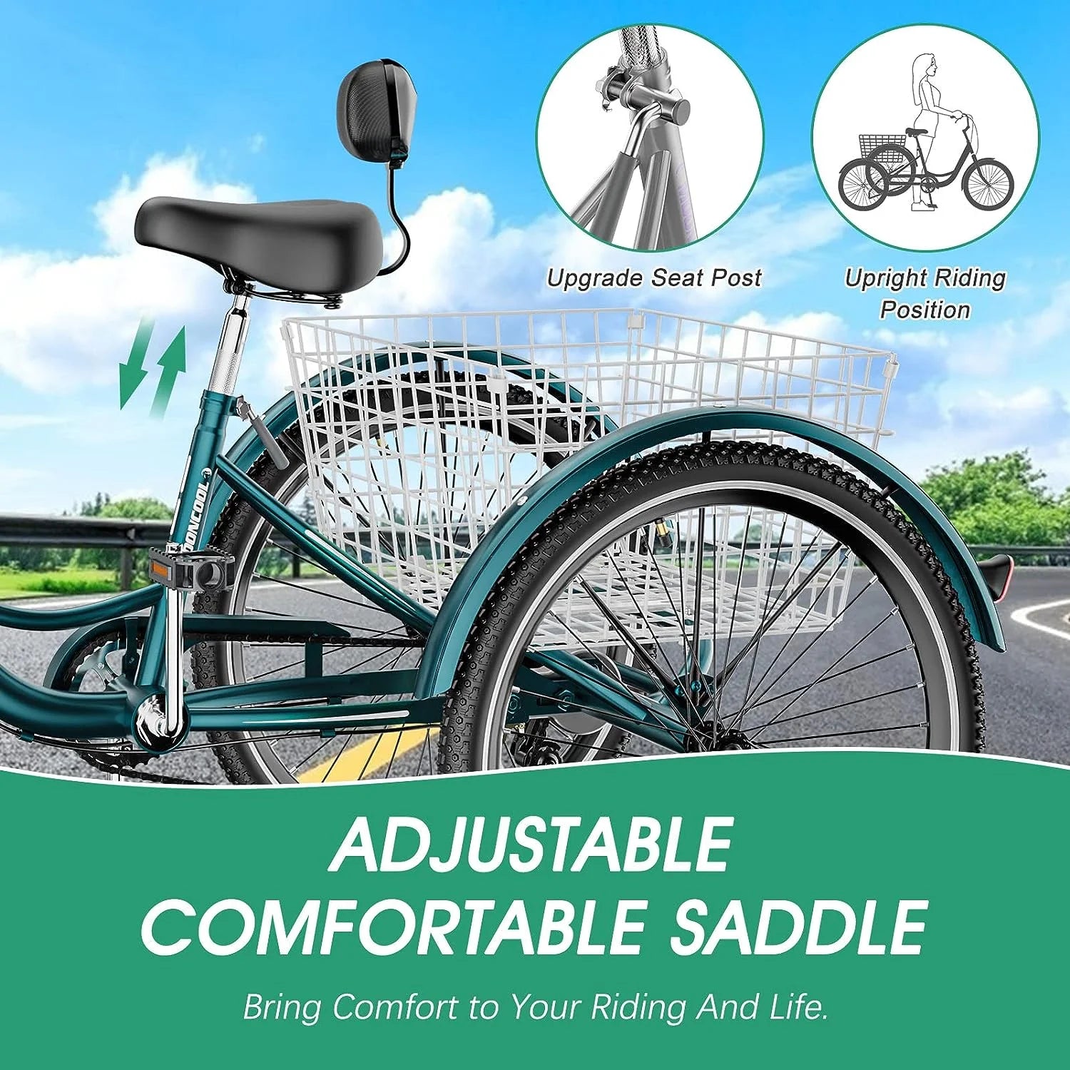 MOONCOOL Adult Tricycles with Rear Basket & Inflator, 24 26 in 7 Speed 3 Wheel Bikes, Three - Product image 92