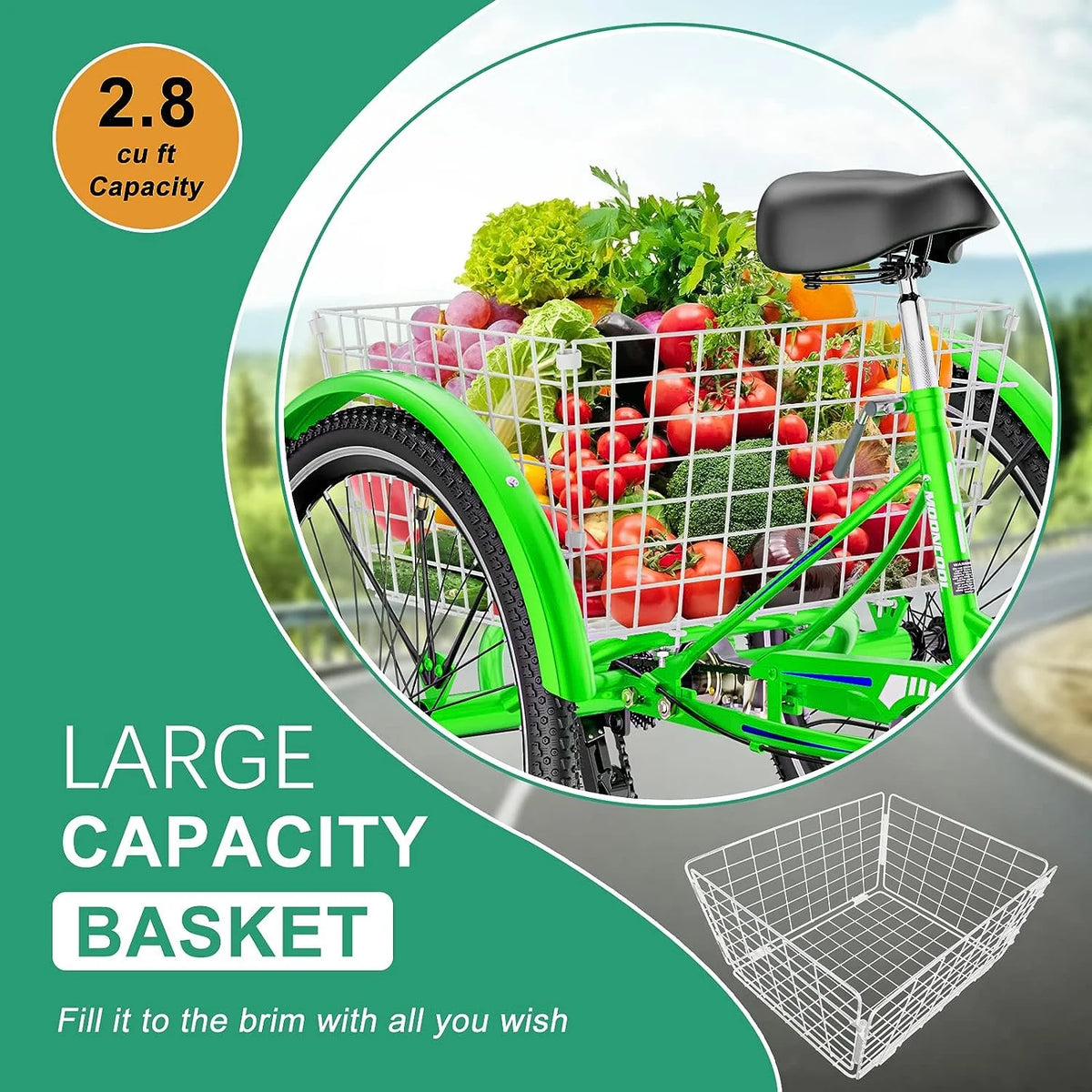 MOONCOOL Adult Tricycles with Rear Basket & Inflator, 24 26 in 7 Speed 3 Wheel Bikes, Three - Product image 38