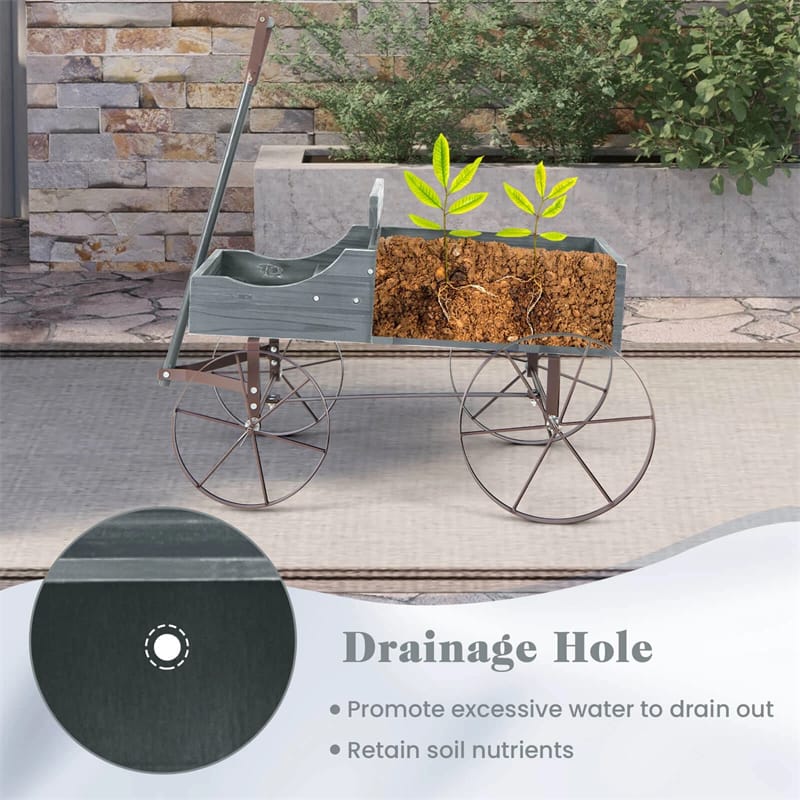 Rustic Wooden Wagon Planter, Decorative Garden Flower Cart with Metal Wheels & Adjustable Handle, Large Raised Bed Plant Stand for Patio Yard