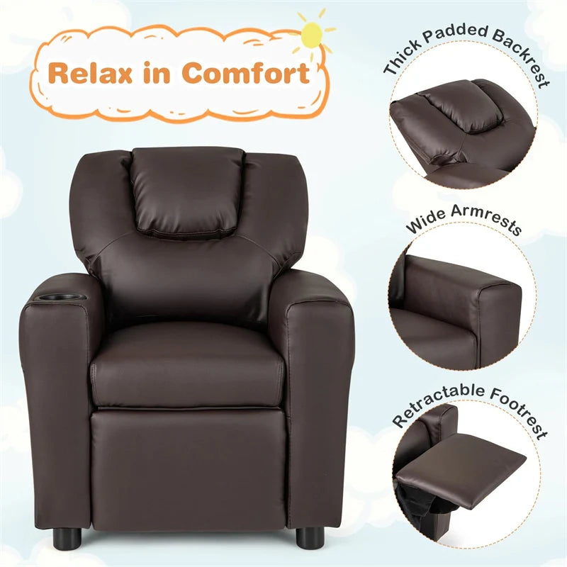 Kids Recliner Chair with Cup Holder & Side Pocket, Adjustable Toddler Lounge Sofa, Ergonomic Children Armchairs for Boys Girls Age 3+, 150lbs