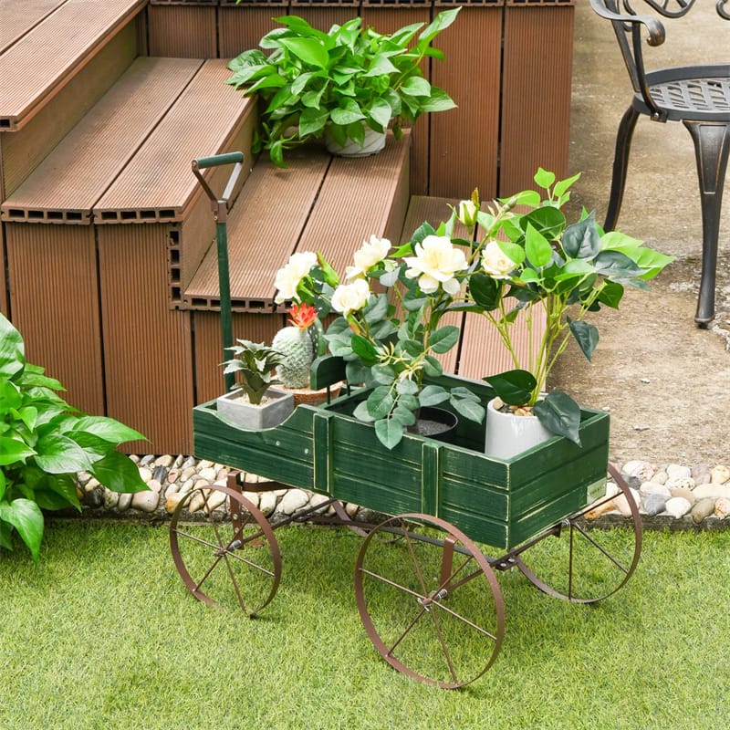 Rustic Wooden Wagon Planter, Decorative Garden Flower Cart with Metal Wheels & Adjustable Handle, Large Raised Bed Plant Stand for Patio Yard